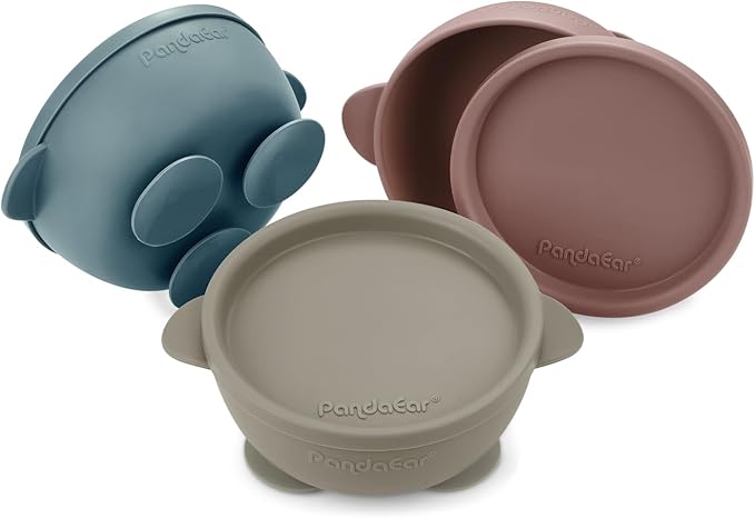 PandaEar 3 Pack Baby Bowls with Suction, Silicone Toddler Bowls with Lids, No Spill Suction Bowls for Baby Infant First Stage, Baby Food Feeding Bowl Set, Blue/Brown/Red