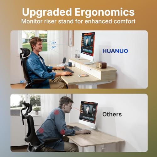 HUANUO 32" X 21" Electric Standing Desk with 2 Drawers, C-Clamp Mount Compatible, Height Adjustable Computer Desk, Home Office Stand Up Desk with 4 Preset Heights & 2 Hooks, Light Walnut