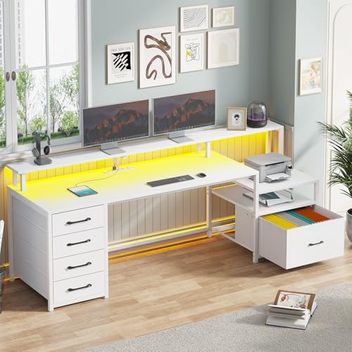 SEDETA Computer Desk with 5 Drawer, Power Outlet, Led Lights, White