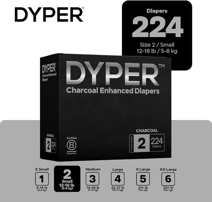 DYPER - Charcoal Enhanced Day & Overnight Disposable Baby Diapers - Made with Plant-Based* & Skin-Friendly Ingredients, Hypoallergenic for Sensitive Skin - Size 2, (224 Count)