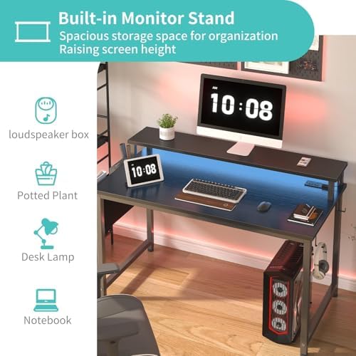 Lufeiya Black Gaming Desk with LED Lights and Power Outlets, 40 Inch Teen Writing Study Table Home Office Desks with Monitor Stand, Computer Desk with Charging Station USB Port, Black