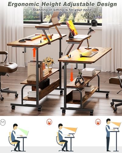 Height Adjustable Standing Desk with Power Outlets and LED Lights - 39" Manual Stand Up Desk with Monitor Stand and Storage Shelves Small Mobile Rolling Computer Desk Portable Laptop Table, Rustic