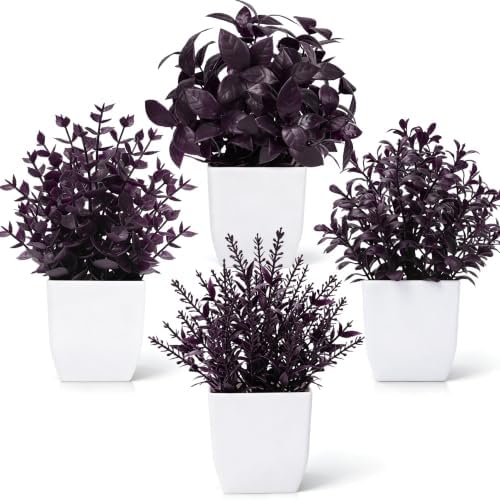 Der Rose 4 Pack Purple Fake Plants in Pots for Halloween Indoor Decor