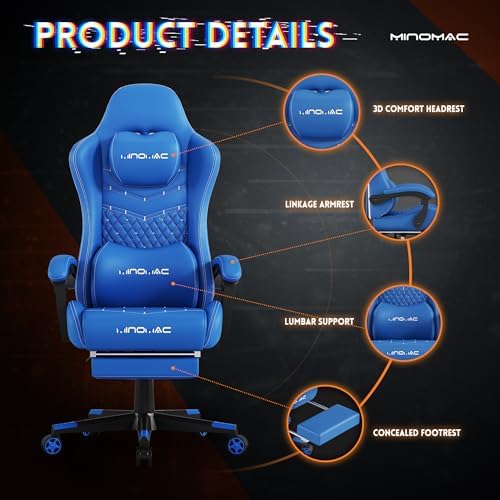 Gaming Chair,Big and Tall Gaming Chair 400lbs Office Chair with Footrest, 90-155° Recline & Removable Headrest Lumbar Support[Spring + 4D Sponge](Blue)