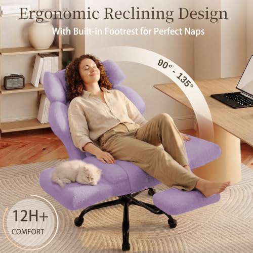 Office Chair with Flip Armrests,Comfy Criss Cross Chair for Pets Sitting,Big and Tall Office Chair with Foot Rest,Extra Wide Seat & Lumbar Pillow,Ergonomic Computer Gaming Chair,Teddy Fleece,Purple