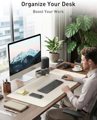 Aothia Faux Leather Desk Mat - Non-Slip PU Leather Desk Blotter, Waterproof Writing Surface, Large Desk Pad for Office & Home (Off-White, 55" x 24")