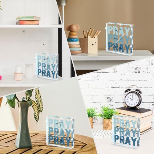 Religious Gifts for Women - Pray on it Pray over it Pray through it Acrylic Sign Decorative for Home Office Pastor Farmhouse Living Room Church Table Desk Bookshelf Decoration (Blue)