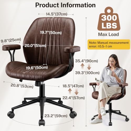 Leather Office Chair with Removable Armrests, Mid Back Ergonomic Desk Chair with Lumbar Support, Adjustable Height Rocking Swivel Executive Chair for Home Office,Reddish Brown