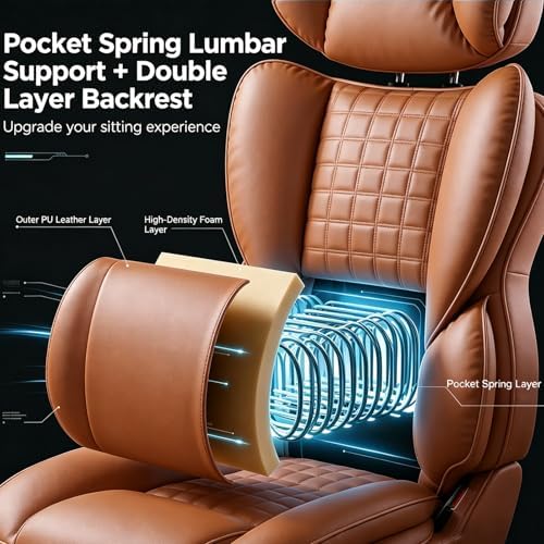 Big and Tall Office Chair 350 LBS, Scratch-Resistant PU Leather Executive Office Desk Chair with Footrest, Ergonomic Reclining Computer Chair with Pocket Spring Support for Home Office, Brown