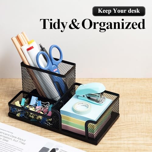 M&G Mesh Pen Holder Desk Organizers Pencil Holder for Desk Black, 3 Compartments Metal Office Supply Organizer with Sticky Notes Holder for School Home Office