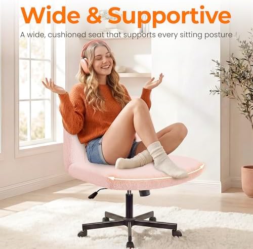 NEO CHAIR Criss Cross Chair with Wheels, Wide Comfy Desk Seat, Teddy Pink