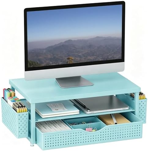 gianotter Desk Organizers and Accessories, Monitor Stand with Drawer and 2 Pen Holder, Desktop Organizer Suitable for Offices and Dormitories (Blue-Plain)