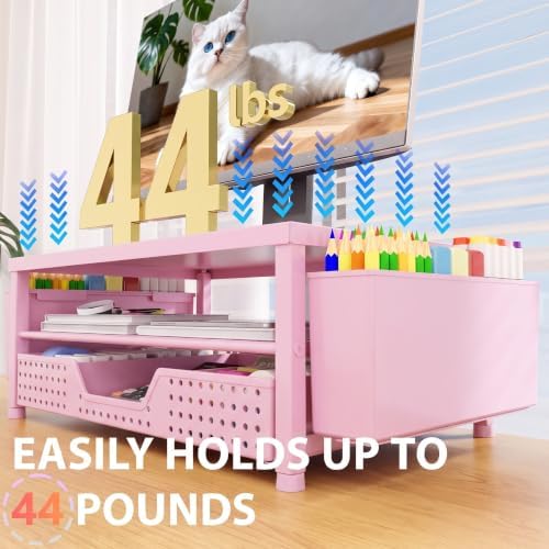 OPNICE Desk Organizers and Accessories, Computer Monitor Stand Riser with Drawer and 2 Pen Holders, Printer & Laptop Stand, Office Desk Accessories & Workspace Organizers for Home Office Supplies, Pink