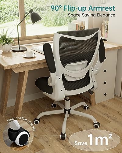 MUXX.STIL Office Chair, Ergonomic Desk Chair with Adjustable Lumbar Support and Flip up Armrest, Breathable Mesh Computer Chair for Home Office, White