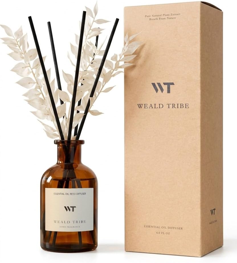 WEALD TRIBE Reed Diffuser Set for Bathroom Air Fresheners, Oil Diffuser Sticks | White Tea Scent 4.0 fl oz Home Fragrance with Sticks Defusers | House Bedroom Office Shelf Decor