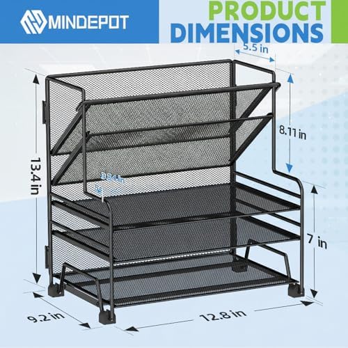 MINDEPOT 4-Tier Paper Organizer + 3-Pocket File Holder, Desktop File Organizers Paper Tray for Office School Classroom Workspace Organization (Black Desk Organizer, No Drawer & No Pen Holder)