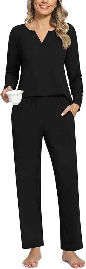 Anyally Women's Plus Size Pajama Sets Ladies Fall Pjs 2 Pieces Lounge Outfits V Neck Long Sleeves Sleepwear with Pockets