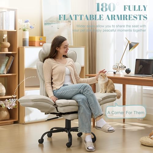 Flip Armrests Criss Cross Office Chair, Reclining Office Chair with Foot Rest, Adjustable Headrest, Massage Waist Pillow, Cross Legged Big and Tall Desk Chair Wide Seat Vanity Chair, Beige PU Leather