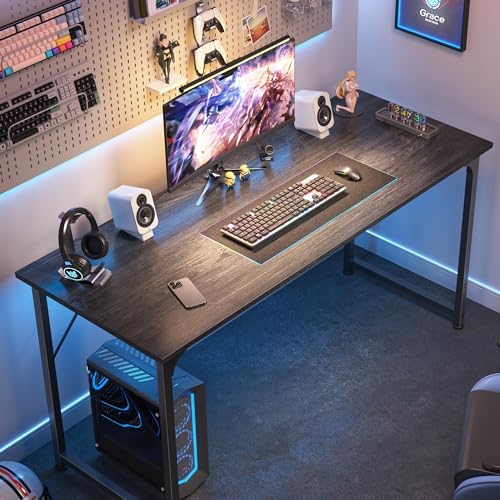 Huuger Modern Simple Office Desk, 55 Inch, Gaming & Work Desk with Storage, Large Legroom, Metal Frame, Grey