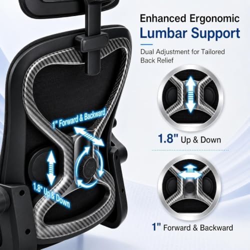 Home Office Desk Chairs, Ergonomic Office Chair with Lumbar Support & 3D Headrest, Computer Desk Chair with Flip-up Armrests, Perfect for Office or Study, Black/Carbon Fiber