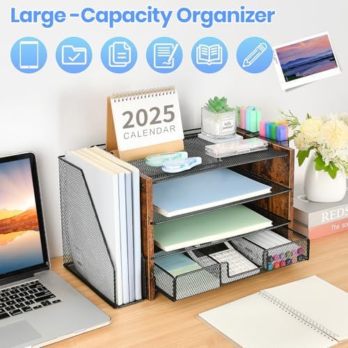 OPNICE Desk Organizer, 4-Tier Desktop File Organizer with Drawer and Pen Holders, Office Desk Accessories, File Sorters, Workspace Organizers for Office Supplies(Brown Wood)