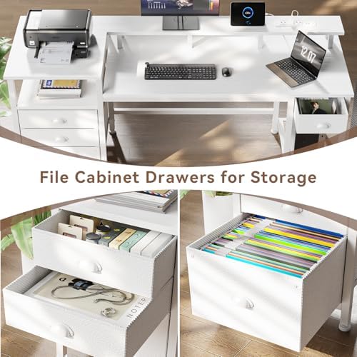 Furologee 60" White Computer Desk with 4 Drawers, Power Outlet, LED Lights
