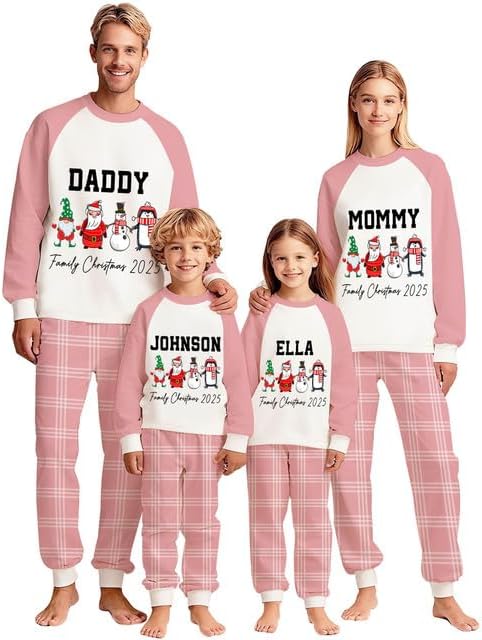 Personalized Family Christmas Pajamas Matching Sets 2025, Custom Xmas pjs, Long Sleeve Raglan Top Plaid Pant