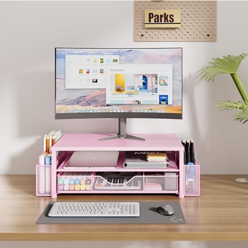 OPNICE Desk Organizer and Accessories, 2-Tier Computer Monitor Stand Riser with Drawer and 2 Pen Holders, Laptop Stand, Office Desk Accessories for Office Supplies, Pink