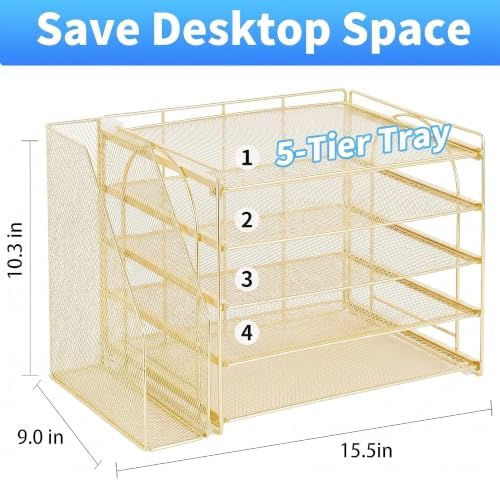 OPNICE Desk Organizer, 5-Tier Paper Organizer Letter Tray, Gold