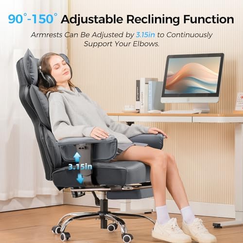 GTPLAYER Big and Tall Gaming Chair 400lbs Heavy Duty Office Chair with Foot Rest & Ergonomic Pocket Spring Lumbar Support, High Back 3D Saddle Shaped Cushion for Back Pain Relief, Grey