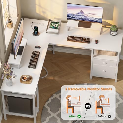 Furologee White 59” L Shaped Desk with Power Outlet, Reversible Computer Desk with File Drawer & 2 Monitor Stands, Corner Home Office Table with Storage Shelves for Gaming Writing