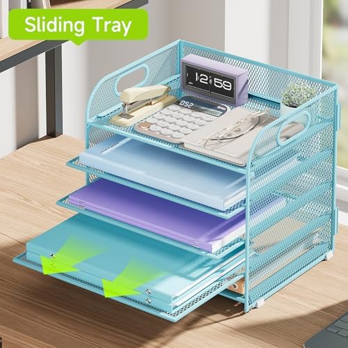 Cawukege 2 Pack 5 Tier Paper Organizer, Letter Tray with Handle, Mesh Desk Organizer, Metal File Organizer, Office Desk Accessories for Home, Office, Classroom, School -Blue