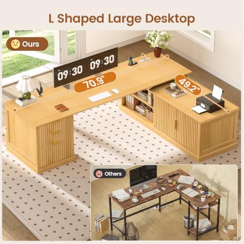 SEDETA Fluted 70.9" L Shaped Desk with Drawers, Fluted Oak