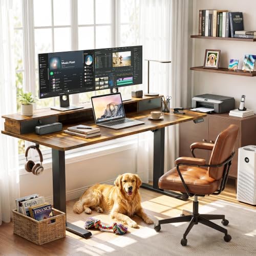 Veken 63x28 in Electric Standing Desk with Drawers, Adjustable Table, Brown