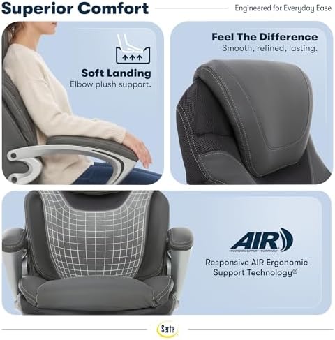 Serta Bryce Executive Office Chair - Ergonomic Computer Desk Chair with Patented AIR Lumbar Technology - Adjustable Height - Memory Foam Body Pillows - 360° Swivel Rolling Base - Bonded Leather - Gray | Bryce, Memory Foam Seat Cushion Desk Chair, Padde...