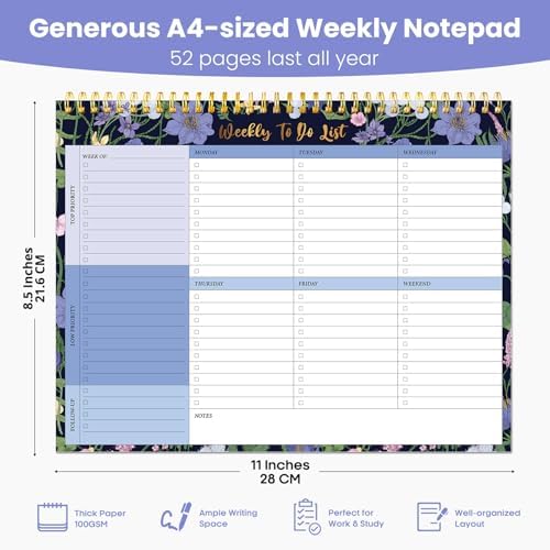Weekly To Do List Notepad with 52 Undated Sheets（8.5"×11"）- Undated Weekly Planner Notepad for Office Desk Accessories and Supplies - Blue Meadow
