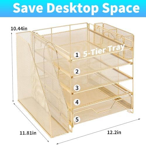 5-Tier Desk File Organizer with Drawer & Pen Holder (Gold)