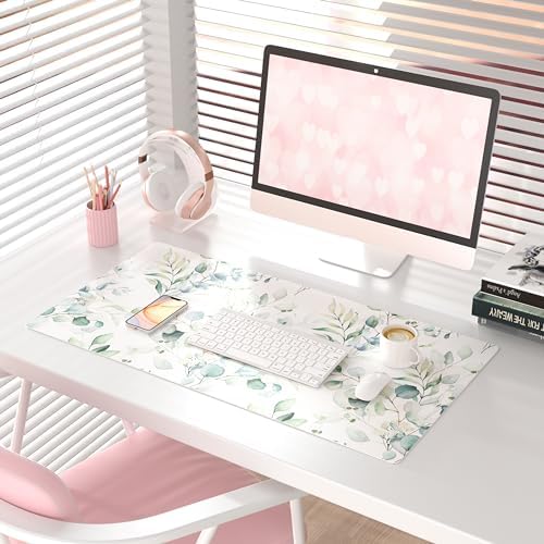 QiyI PU Leather Large Mouse Pad, Office Decor, 31.5" x 15.7", Green Leaves