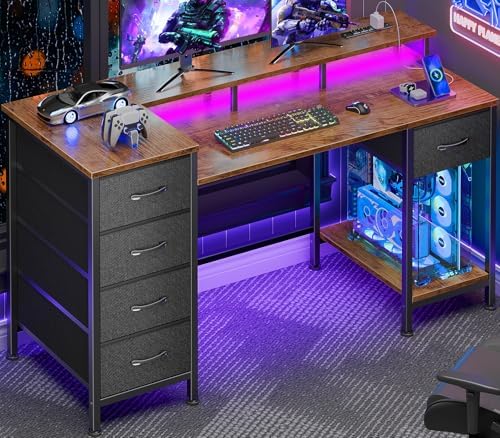 Korfile 47 Inch Computer Desk with Power Outlets,LED,5 Drawers,Rustic Brown