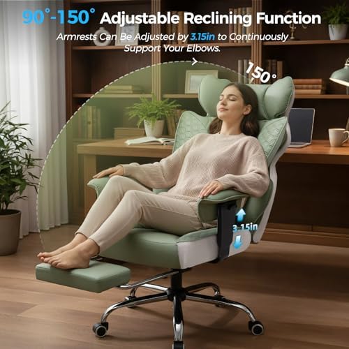 COMHOMA Big and Tall Office Chair Heavy Duty Wide Ergonomic Gaming Chair with Deluxe Embossing Designed Leather with Foot Rest,150°Reclining Adjustable Armrests Pocket Spring Back Support and Pillow