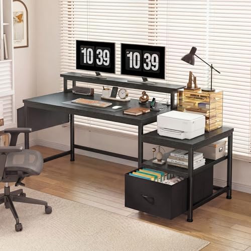 EnHomee 56.5" Office Desk with Drawers & Printer Space for Home Work,Black