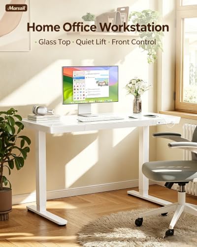 Marsail Glass Standing Desk with Drawer, 48 x 24 inch Electric Standing Desk, Height Adjustable Desk with One-Piece Tabletop & USB Charging Ports, Sit Stand Desk with Storage for Home & Office White
