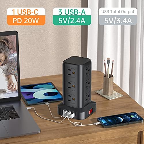 Extension Cord with Multiple Outlets, SMALLRT Surge Protector Power Strip Tower, PD 20W USB C, Outlet Extender with USB Ports 12 AC Outlets, 6.5FT Extension Cord for Home Office, Overload Protection