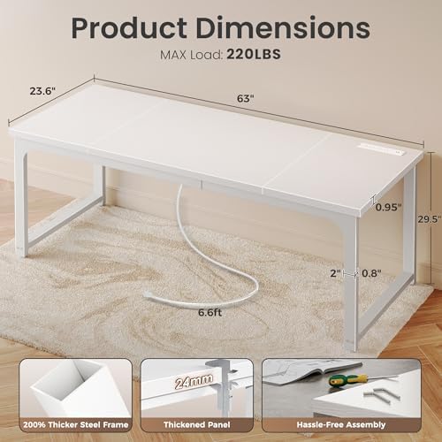 Huuger 63 x 24 inch Desk with Power Outlets & 0.95 Inch Thicker Desktop