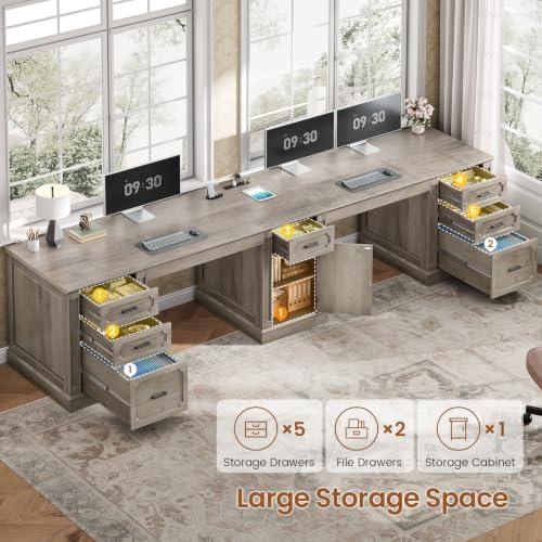 SEDETA Farmhouse 110.3" Two Person Desk with 7 Drawers, Long Computer Desk with Storage Cabinet, 2 Person Desk with Power Outlets for Home Office, Gray
