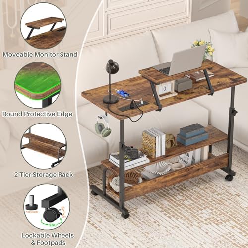 Height Adjustable Standing Desk with Power Outlets and LED Lights - 39" Manual Stand Up Desk with Monitor Stand and Storage Shelves Small Mobile Rolling Computer Desk Portable Laptop Table, Rustic