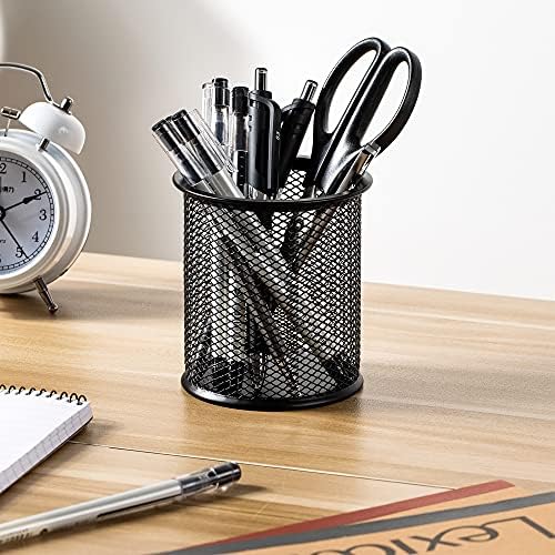 Amazon Basics Wire Mesh Pen Holder, Pencil Cup Desk Organizer for Stationery, Scissors, Office Caddy Storage, 3.7" x 3.3", Black
