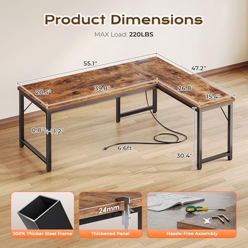 Huuger 55 Inch L Shaped Desk with Power Outlets & 0.95 Inch Thicker Desktop