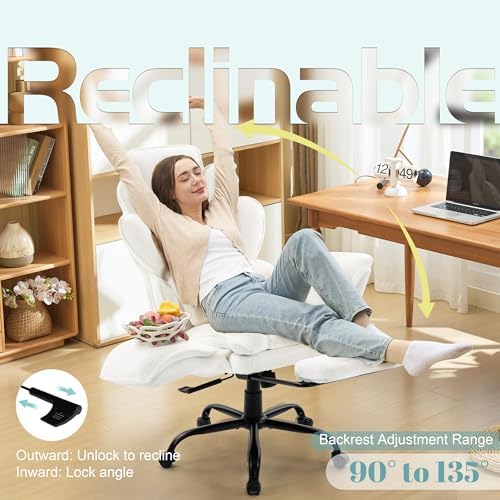 Flip Armrests Criss Cross Office Chair, Reclining Office Chair with Foot Rest, Adjustable Headrest, Massage Waist Pillow, Cross Legged Big and Tall Desk Chair Wide Seat Vanity Chair, White Fabric