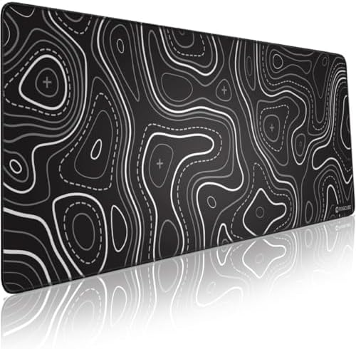 Pixiecube Minimalist Topographic Map Mouse Pad - Contour Extended Large Stitch Edge Mousepad. Black & White Non-Slip XXL Gaming Desk Mat
